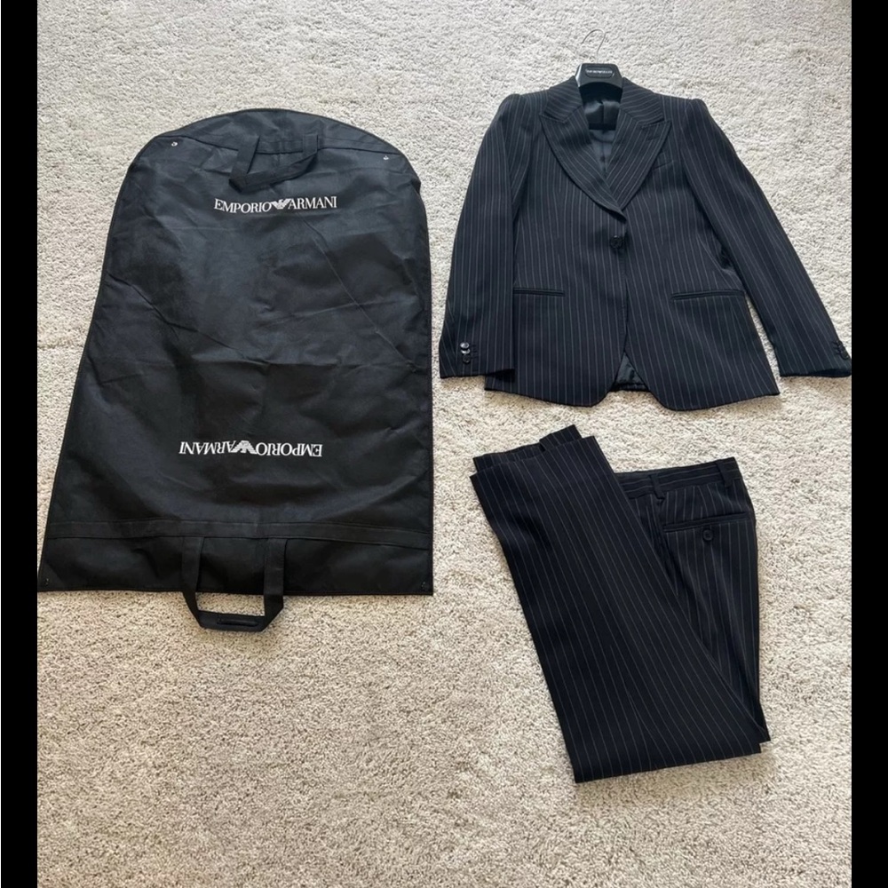 Men’s Emporio Armani Black Pin Striped Suit W/Original Bag & Hanger Size 36/46